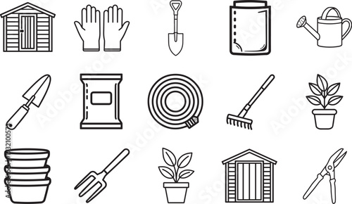 An array of gardening tools and accessories are arranged, meticulously designed for horticulture and yard work. The black and white graphic evokes a sense of organized efficiency and functionality.