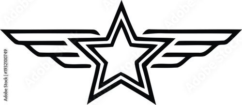 Black and white stylized star with outstretched wings graphic star, wings, graphic