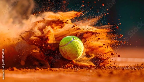 Dynamic Tennis Ball Impact on Clay Court - A High-Speed Action Shot.