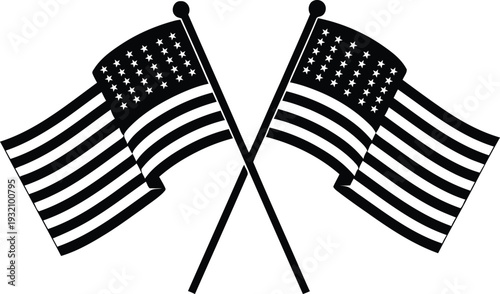 Two black and white American flags crossed on poles American flag, USA flag, flags