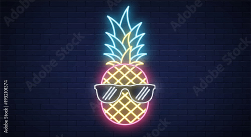 Neon pineapple wearing sunglasses on dark background.