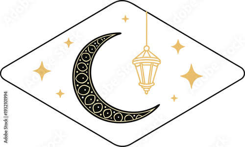 Golden crescent moon and lantern icon with stars on for ramadan or eid celebration
