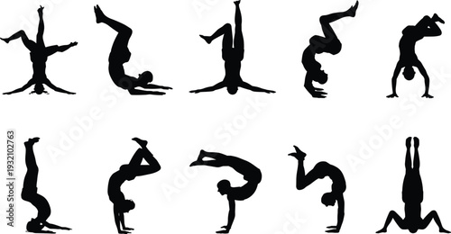 Acrobatic handstand silhouette set, gymnast performing headstand backflip balance poses, athletic body movement isolated vector illustration