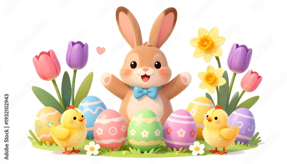 Fototapeta premium Cute Easter bunny with chicks and decorated eggs surrounded by spring flowers