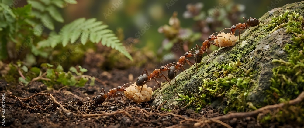 Obraz premium Line of brown ants marching across moss-covered log in forest floor with ferns creating natural woodland ecosystem scene for nature and wildlife content.