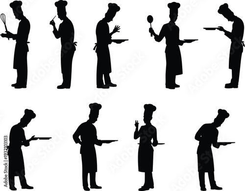 Chef silhouette collection, professional cook poses with kitchen utensils and plates, restaurant culinary vector isolated on white background
