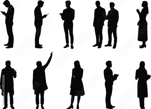 Business people silhouette set, standing professionals using phone tablet discussing teamwork, corporate lifestyle characters isolated vector illustration