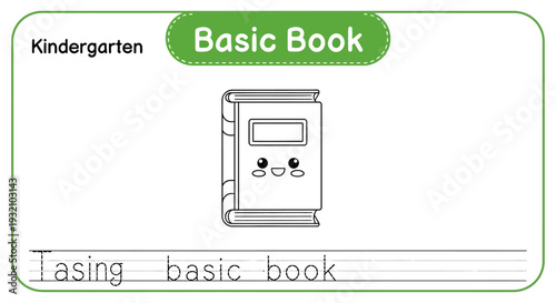 Cute cartoon book for kindergarten learning, tracing lines and basic words