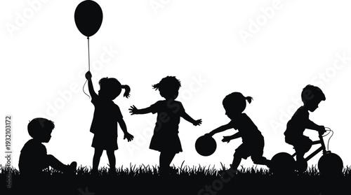Children playing outdoors silhouettes, kids with balloon ball and bicycle, happy childhood activity scene, black vector illustration