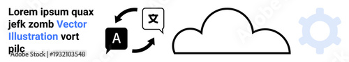 Language translation, cloud computing, technology integration, digital tools, communication, automation. Symbols of cloud, text conversion and gear icon. Language translation and cloud computing