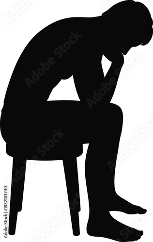 Depressed man sitting silhouette, sad thoughtful person on chair, mental health stress concept vector isolated illustration design