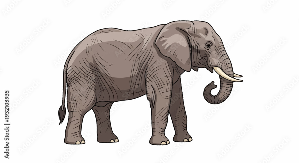 Obraz premium Detailed illustration of a standing elephant with tusks.