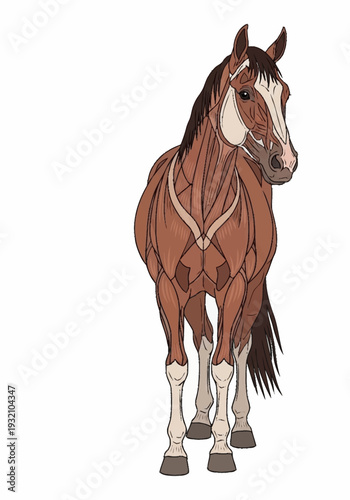 Brown horse with white markings standing.