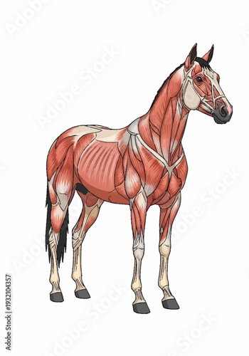 Detailed anatomical illustration of a horse's muscular structure.