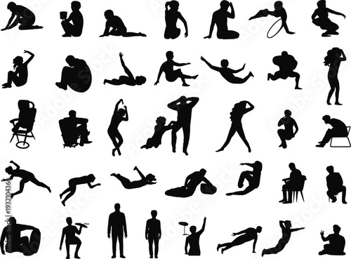 Human pose silhouette collection, people sitting jumping crawling falling actions, body movement expressions, activity posture icons illustration
