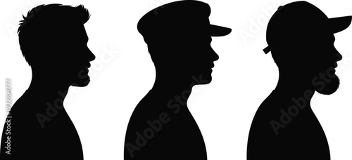 Male profile silhouette collection, side view men head portraits with hat beard hairstyles isolated vector illustration