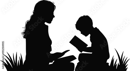 WMother teaching child reading book, parent child education silhouette, homeschooling concept, family learning moment, literacy development, black vector illustration