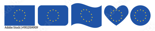 set of european union flag icons in different shapes including rectangle rounded banner waving flag heart symbol and circular badge with blue background and yellow stars isolated on white