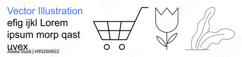 Retail design, ecommerce, sustainability, nature, minimalism, branding. Line art of a shopping cart, flower and leaves in black and white. Retail design and sustainability concepts