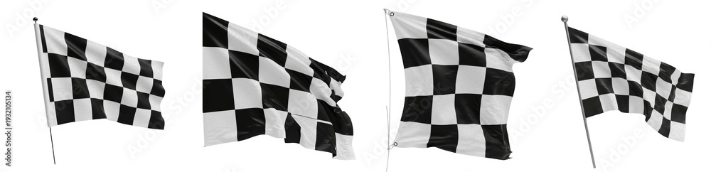 Fototapeta premium Waving checkered racing flags set, realistic black and white checkered flags collection for motor sports, competition finish lines, and automotive events, PNG isolated on white background.