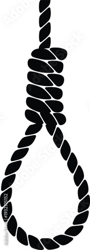 Noose rope silhouette illustration, execution symbol concept, dark minimal vector graphic, danger death warning icon isolated on white background design