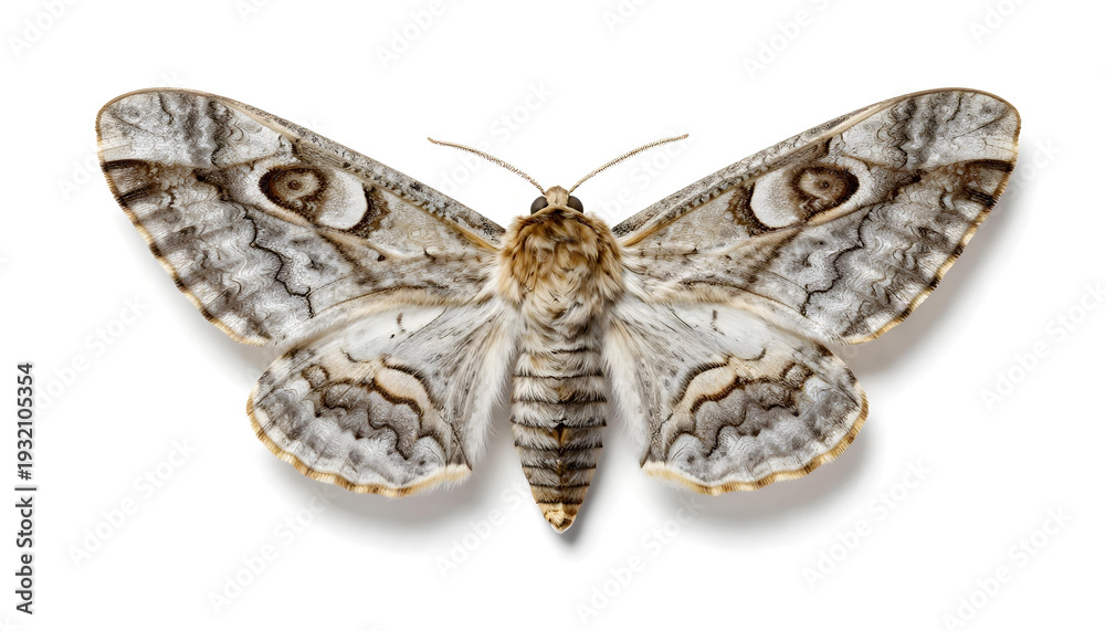Obraz premium Detailed macro shot of a large moth with intricate wing patterns and fuzzy body on a white background
