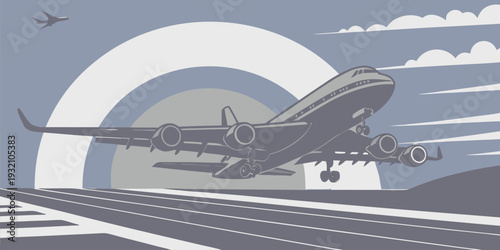 Stylized retro illustration of a passenger jet airplane taking off from the runway into flight