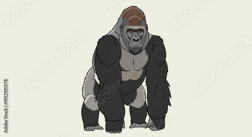 Illustration of a gorilla in a crouched position with a serious expression.
