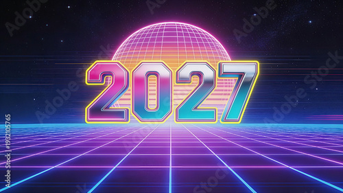 The numbers '2027' rendered in bold, thick chrome typography featuring a bright hot pink to bright cyan gradient reflection, outlined in glowing neon yellow. Happy New Year, New Year