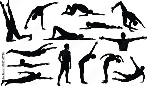 Yoga exercise silhouette set, male fitness stretching poses, flexibility training, workout positions, healthy lifestyle vector illustration isolated
