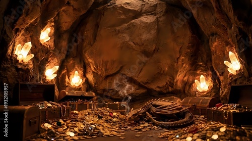 Mysterious underground cave chamber with glowing lanterns illuminating ancient treasure hoard of gold coins and artifacts scattered across rocky floor.