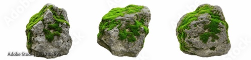 Fotografia Realistic mossy rock set, natural stone boulders with green moss collection, forest landscape elements for garden and environment design, PNG isolated on white