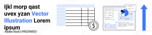 Business development, financial analytics, performance monitoring, data-driven decisions, growth planning, investment insights. Charts, tables and upward arrow symbols. Business development