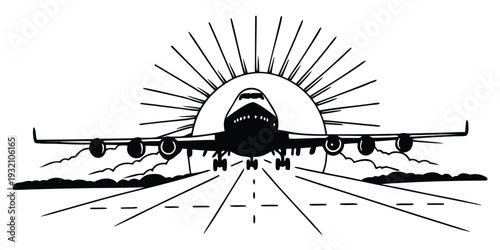 Stylized black and white illustration of a jet airplane accelerating down a runway during takeoff