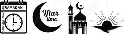 Black and white representing ramadan and iftar time with a clock, crescent moon, mosque, and sunrise