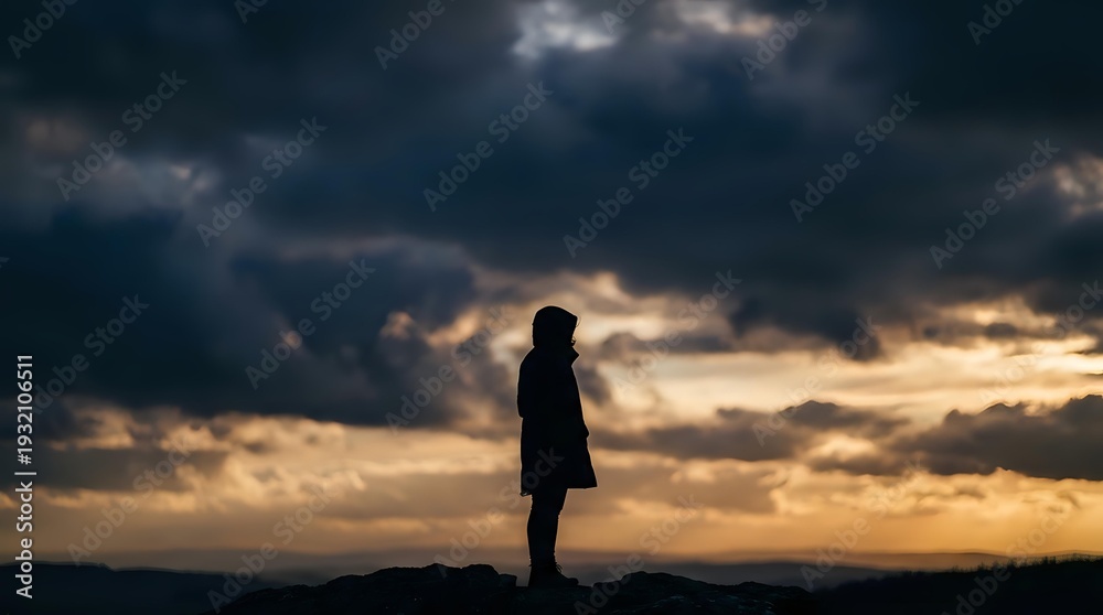 Obraz premium Silhouette of person standing against dramatic cloudy sky at sunset with golden light breaking through storm clouds creating moody atmospheric scene.