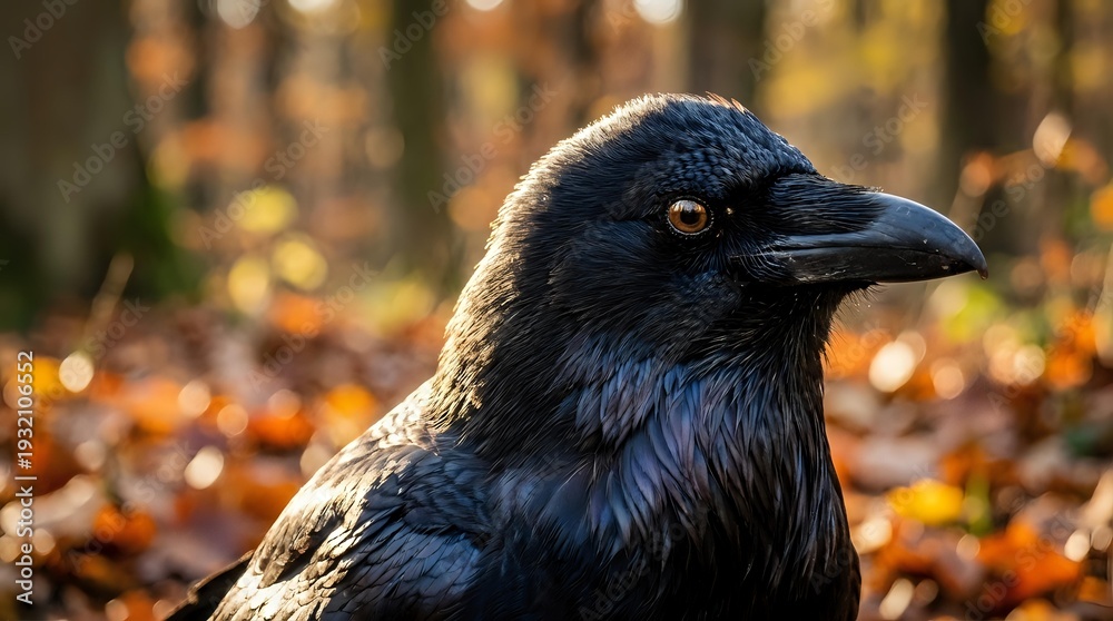 Obraz premium Black raven portrait with autumn forest background and warm golden light creating atmospheric wildlife photography for nature and bird themed projects.