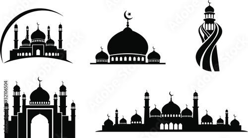 Black and white silhouettes of various islamic architectural landmarks and symbols mosque dome