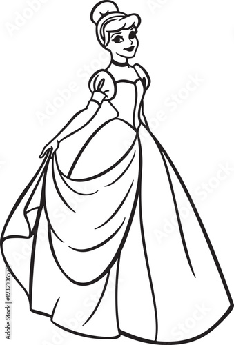 Elegant princess coloring page for kids in a beautiful ball gown dress