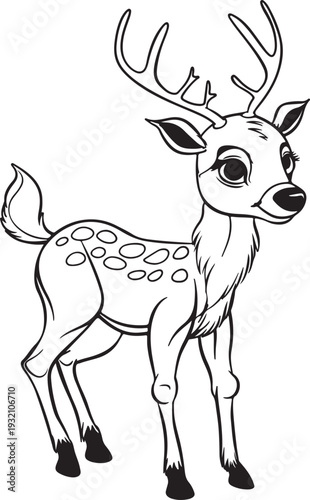 Baby deer coloring page with spots and antlers standing in nature scene