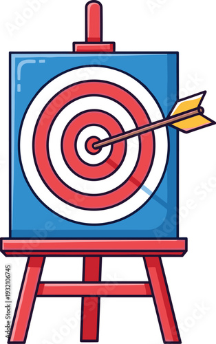 A red easel holds a blue target with concentric red and white rings and a yellow and black arrow hitting the center
