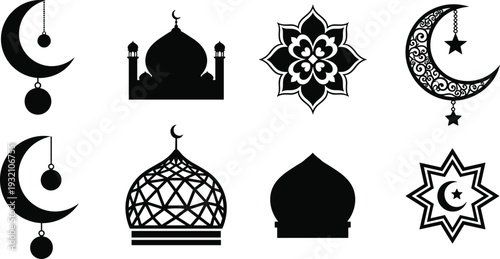 Collection of black and white islamic symbols including crescent moons stars domes and floral patterns