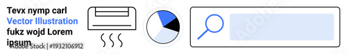 Technology tools, data analysis, business graphics, search interface, process flow, digital solutions. Icons of an air conditioner, pie chart and search bar. Technology tools and data analysis