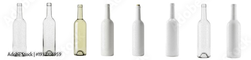 Fotografija Glass wine bottle set, empty transparent and frosted liquid containers, clear be