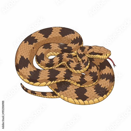 Illustration of a coiled venomous snake with distinctive markings.