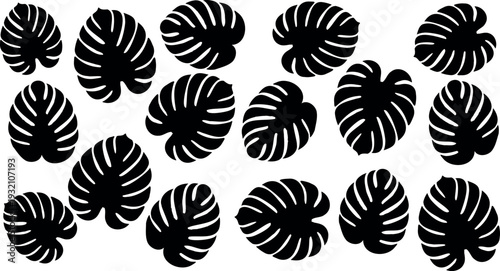 Tropical Monstera Leaves Green Pink Black Silhouette Illustrations , Monstera Leaf Silhouette Collection Tropical Jungle Elements.