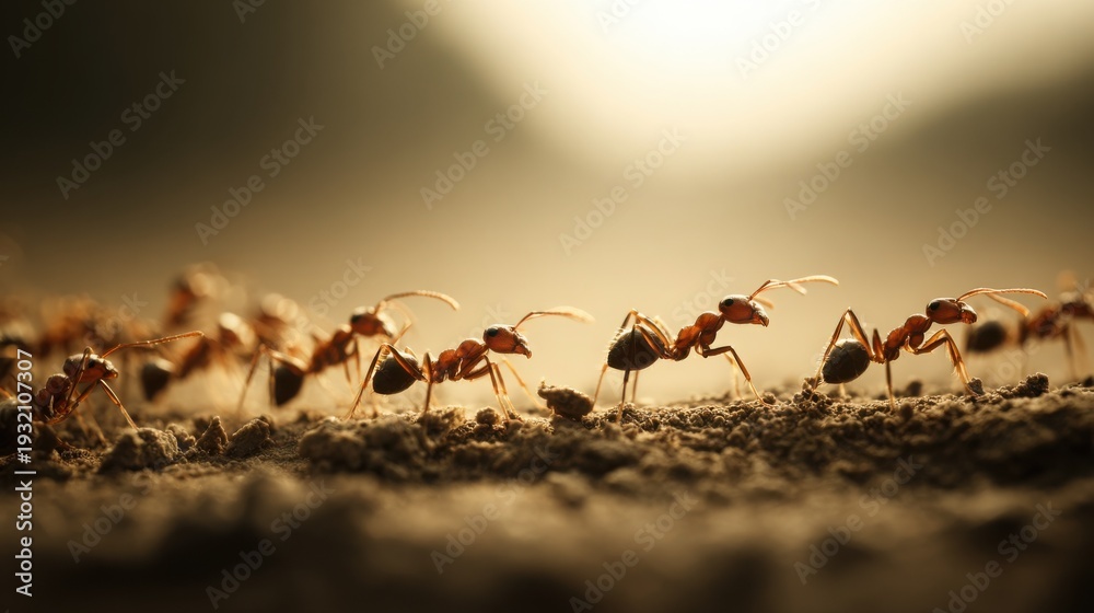 Fototapeta premium A disciplined colony of ants marching in a determined line across the textured ground