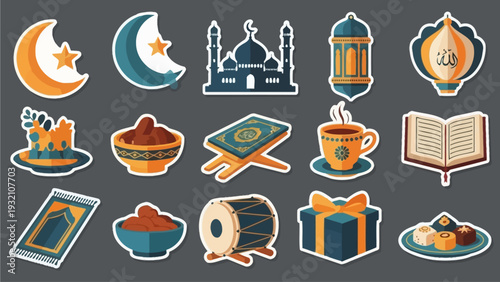 Collection of Islamic symbols and icons representing faith and culture in a digital illustration