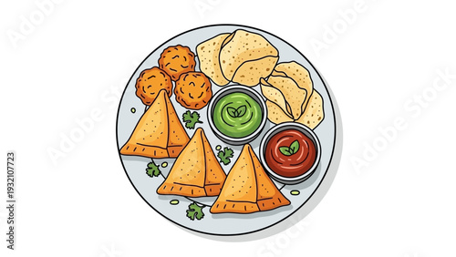 A plate of samosas with dips and snacks, top view, on a white background, illustration, food arrangement