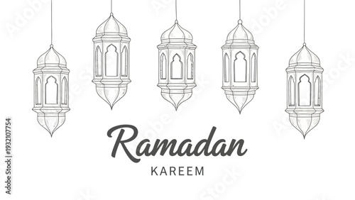 Elegant hanging lanterns in a row, celebrating Ramadan, depicted in a minimalist line art style